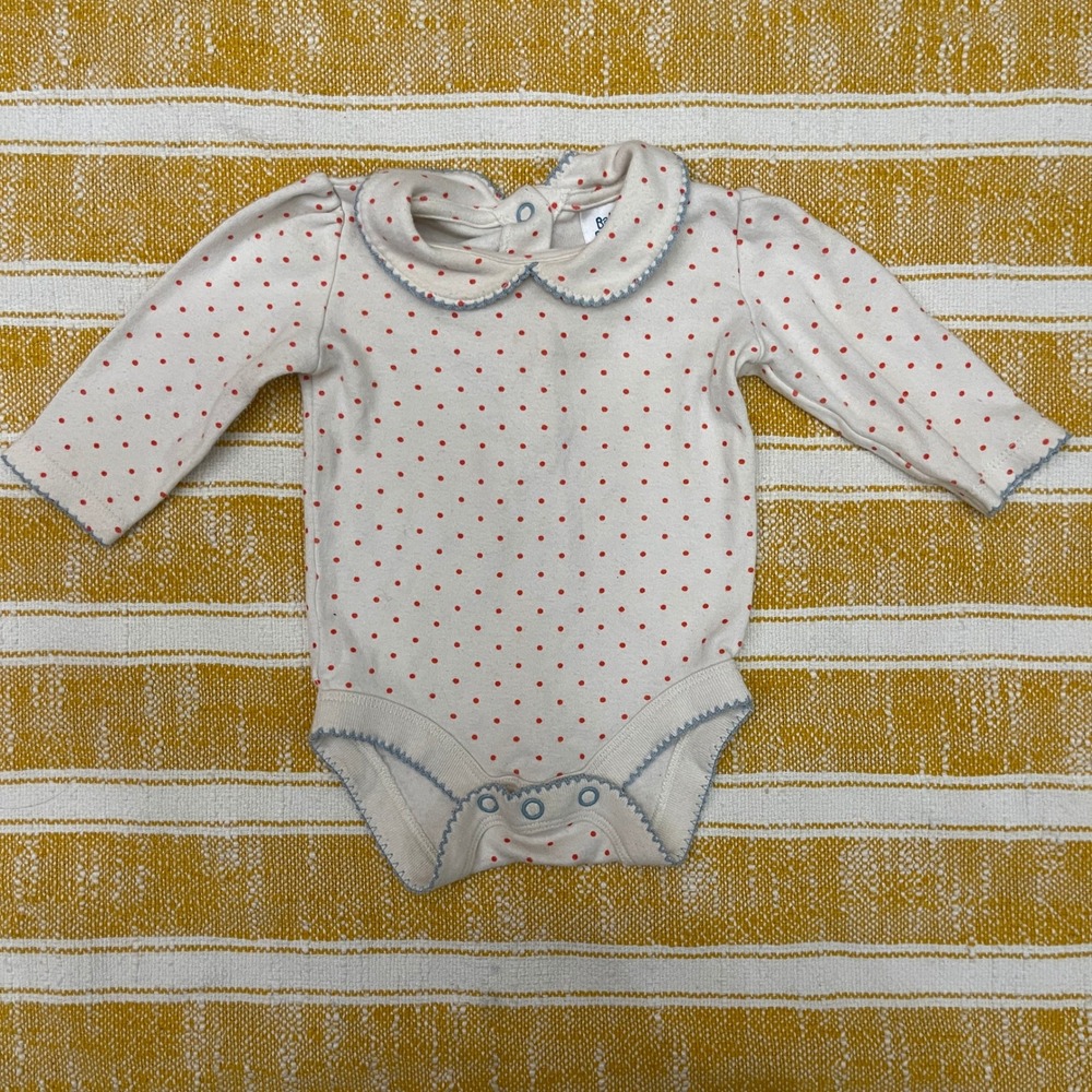 Baby Boden Girls Ivory Red Polka Dot Peter Pan Collar Bodysuit Long Sleeve 6-12M